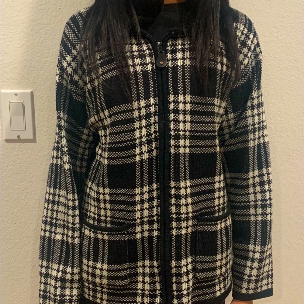 black and white oversized quarter zip sweater